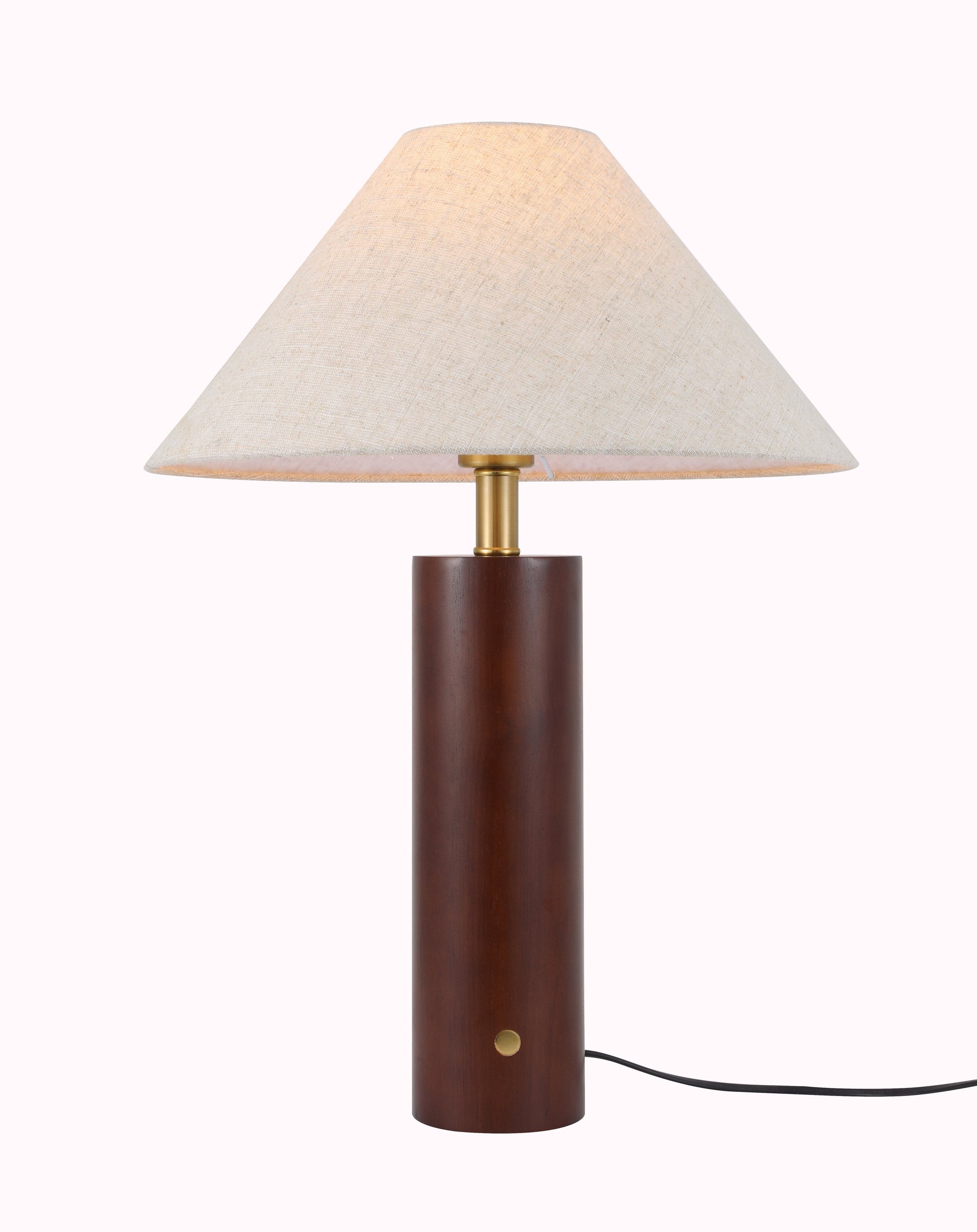 Morgan wooden bedside lamp close-up with brass control with a brown base and white shade on a white background