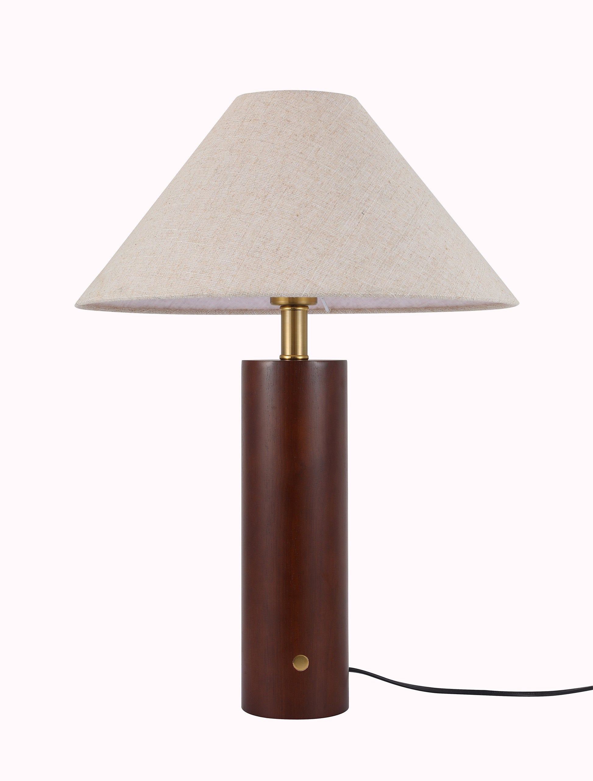 Morgan wooden bedside lamp close-up with brass control with a brown base and beige shade on a white background