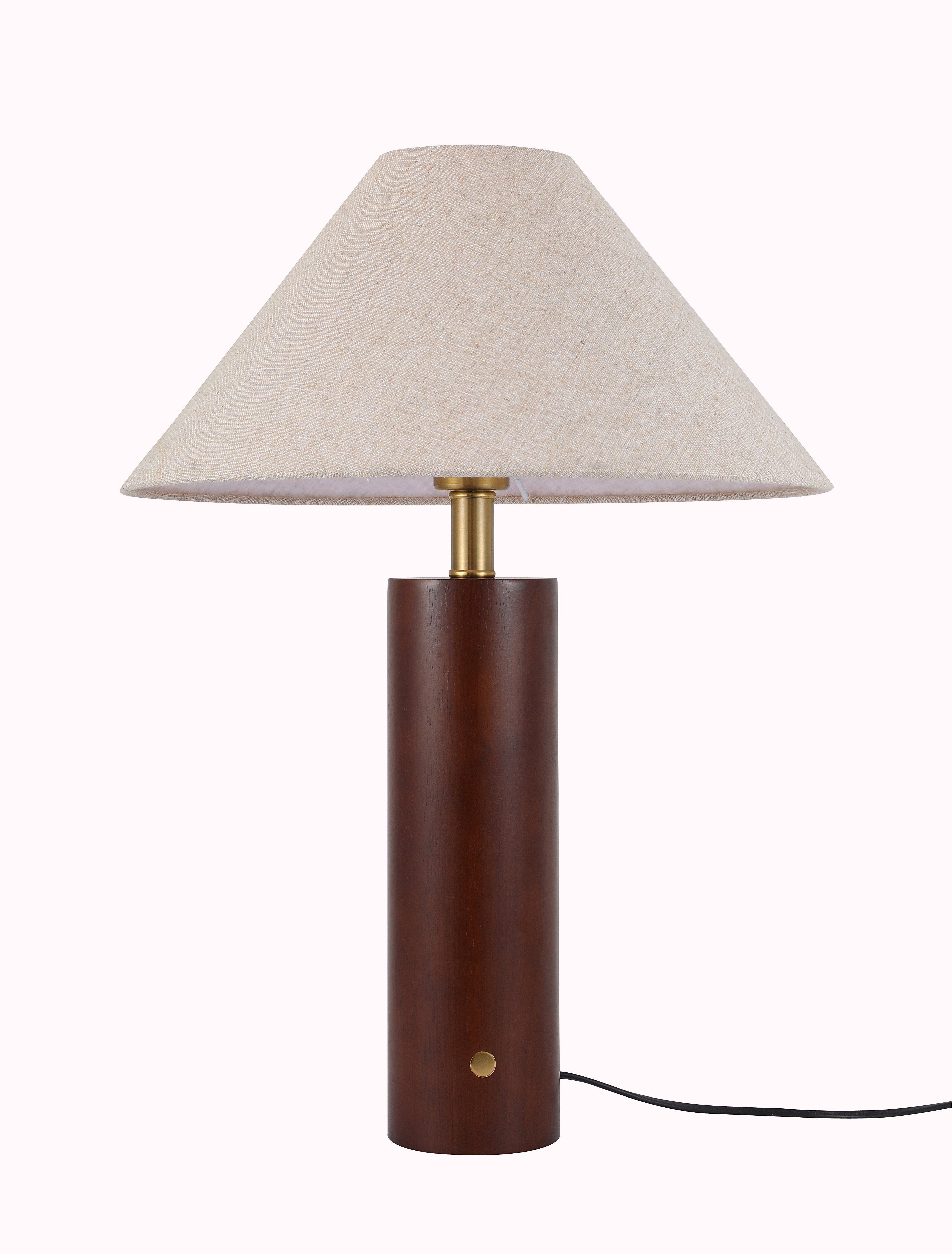Morgan wooden bedside lamp close-up with brass control with a brown base and beige shade on a white background