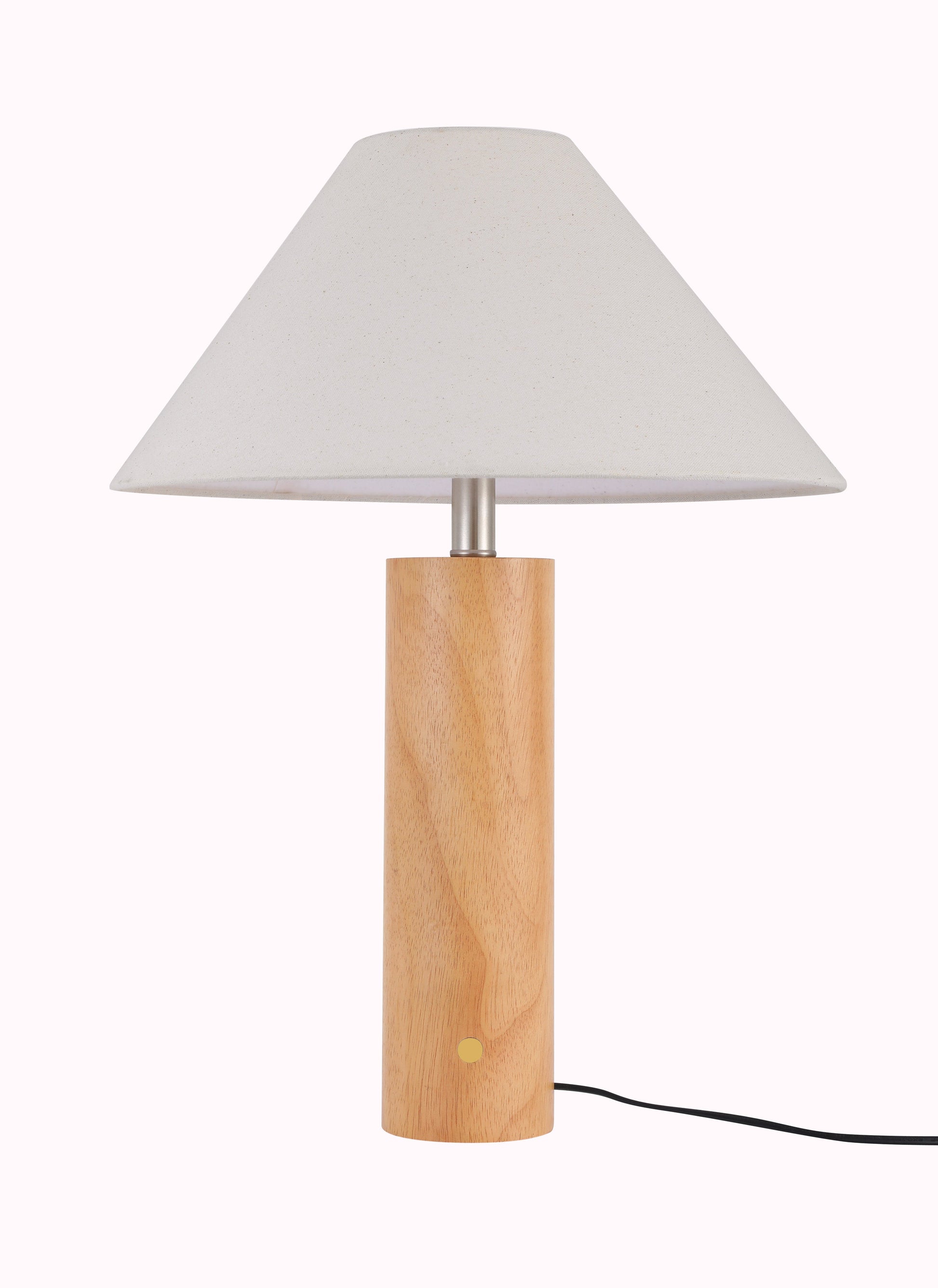 Teak wood table lamp with touch brass button and Type-C port with wooden base and white fabric shade on a white background
