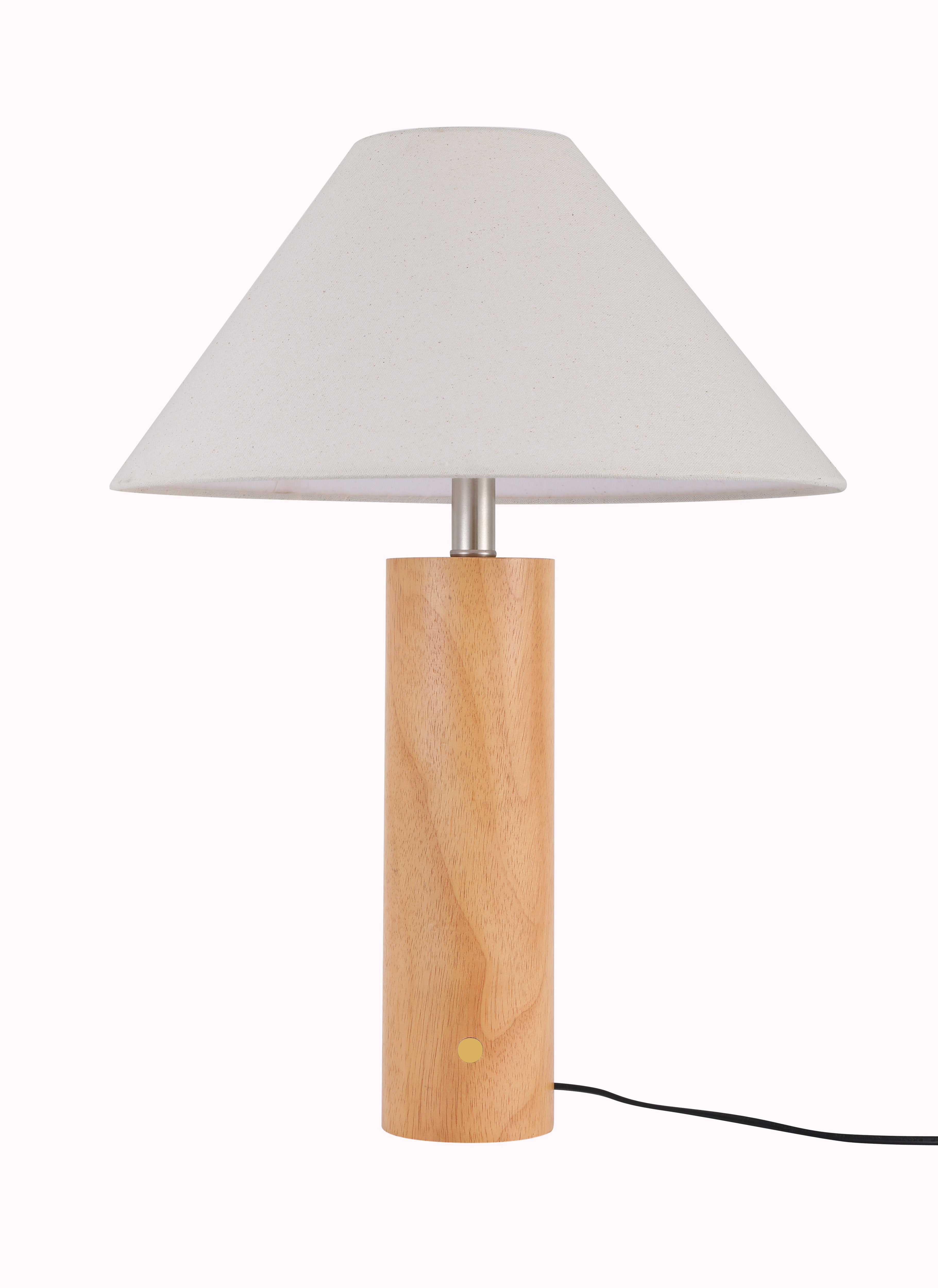Teak wood table lamp with touch brass button and Type-C port with wooden base and white fabric shade on a white background