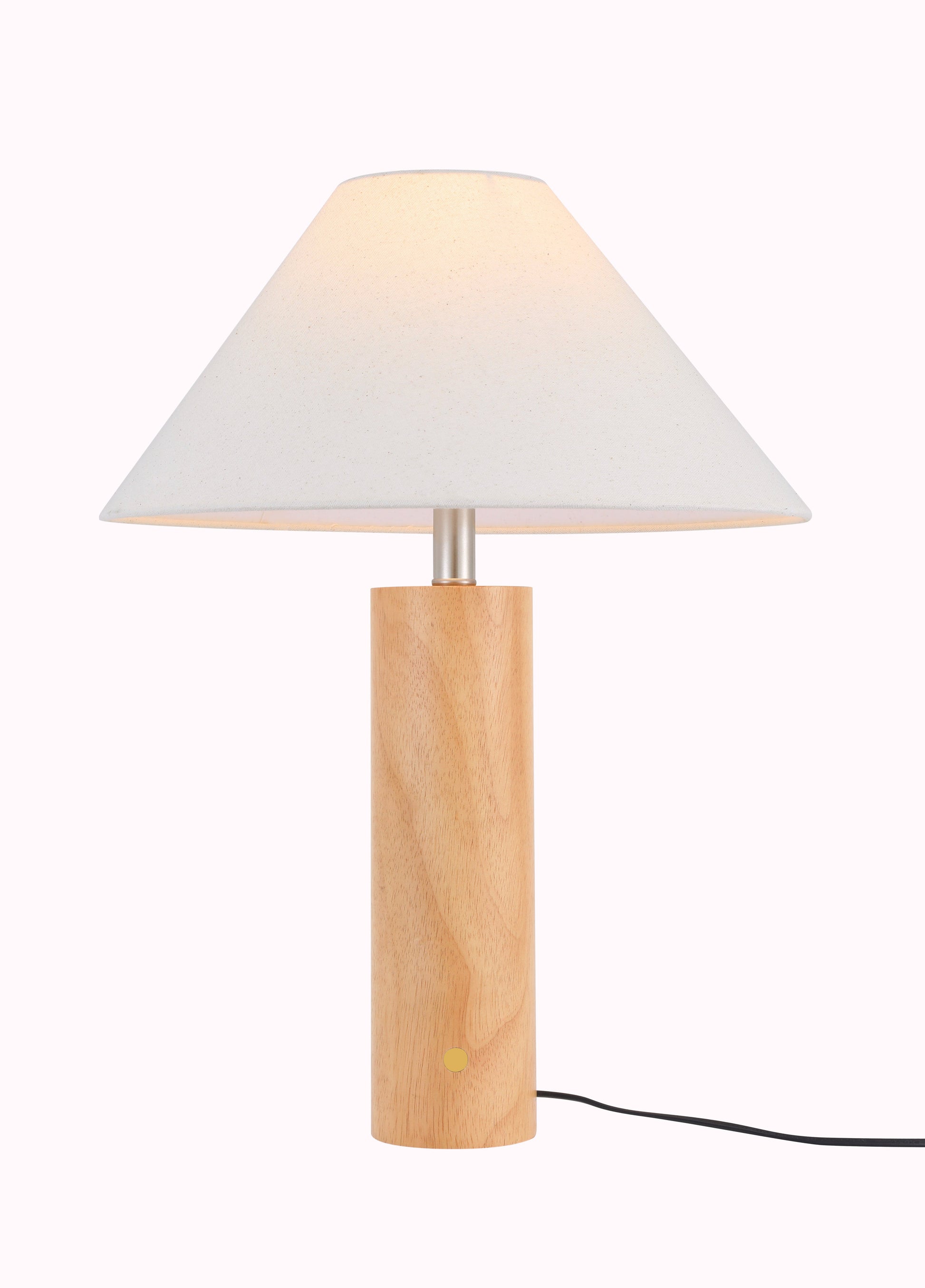 Table lamp with wooden base and white shade on a white background