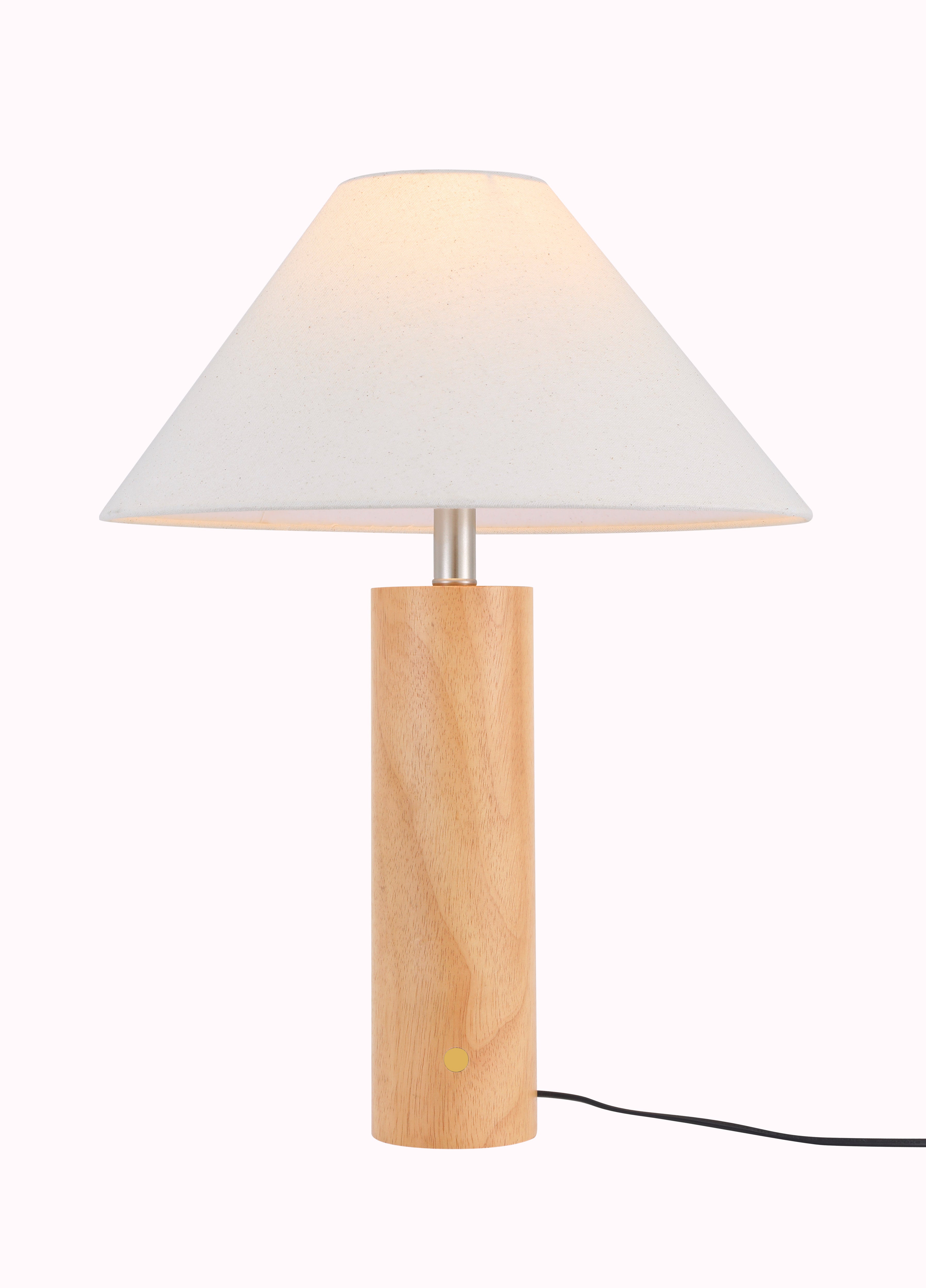 Table lamp with wooden base and white shade on a white background