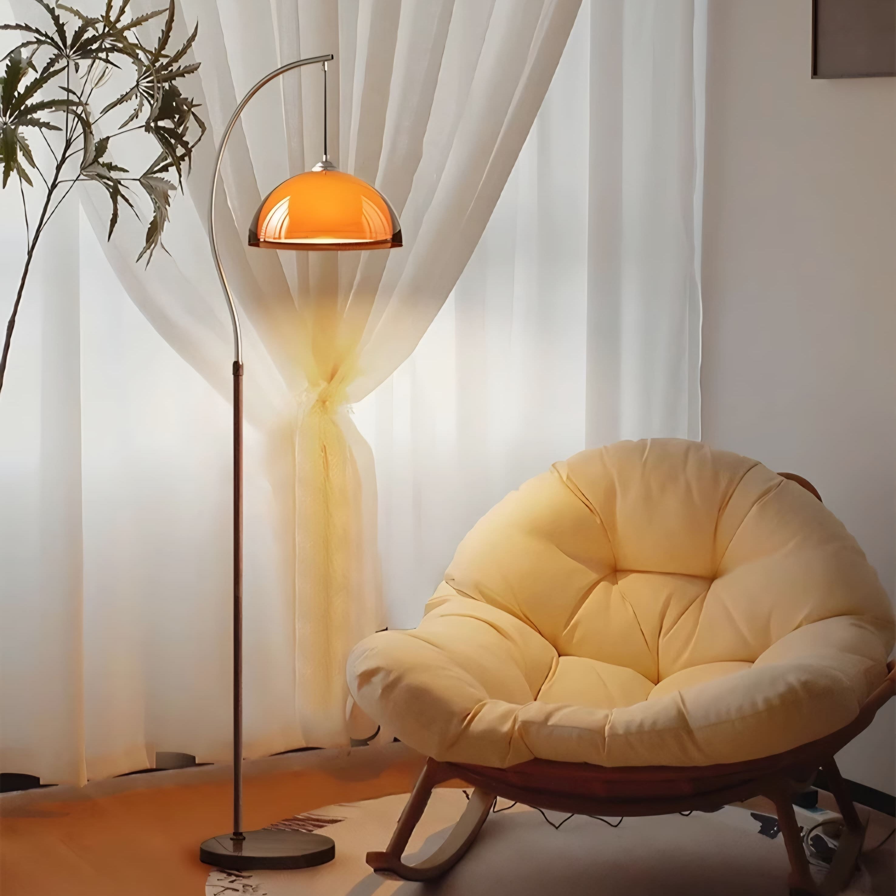 Mid-Century Double Mushroom Arc Floor Lamp – With Side Shelf