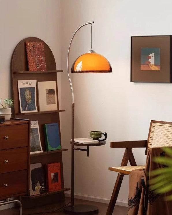 Mid-Century Double Mushroom Arc Floor Lamp – With Side Shelf