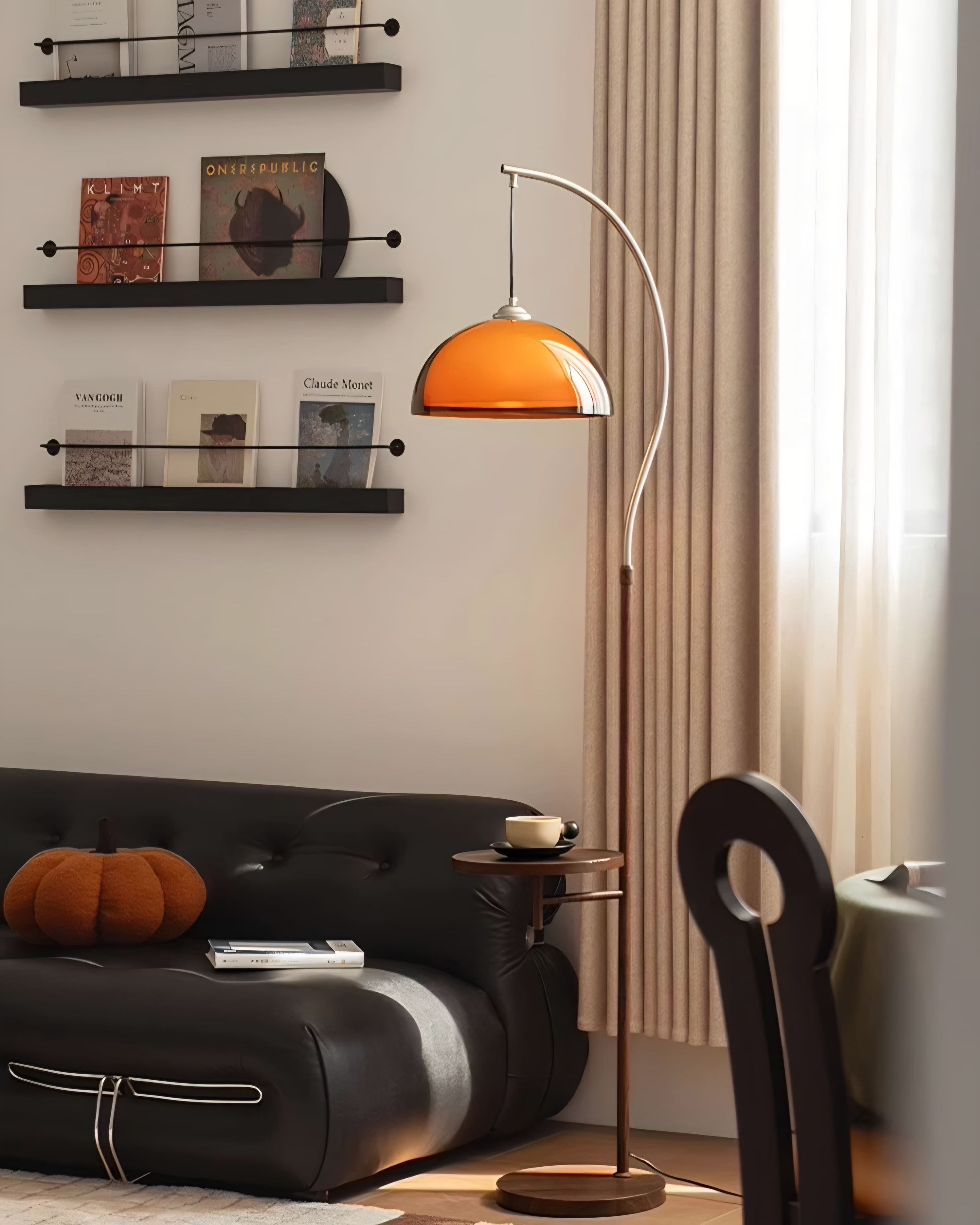 Mid-Century Double Mushroom Arc Floor Lamp – With Side Shelf