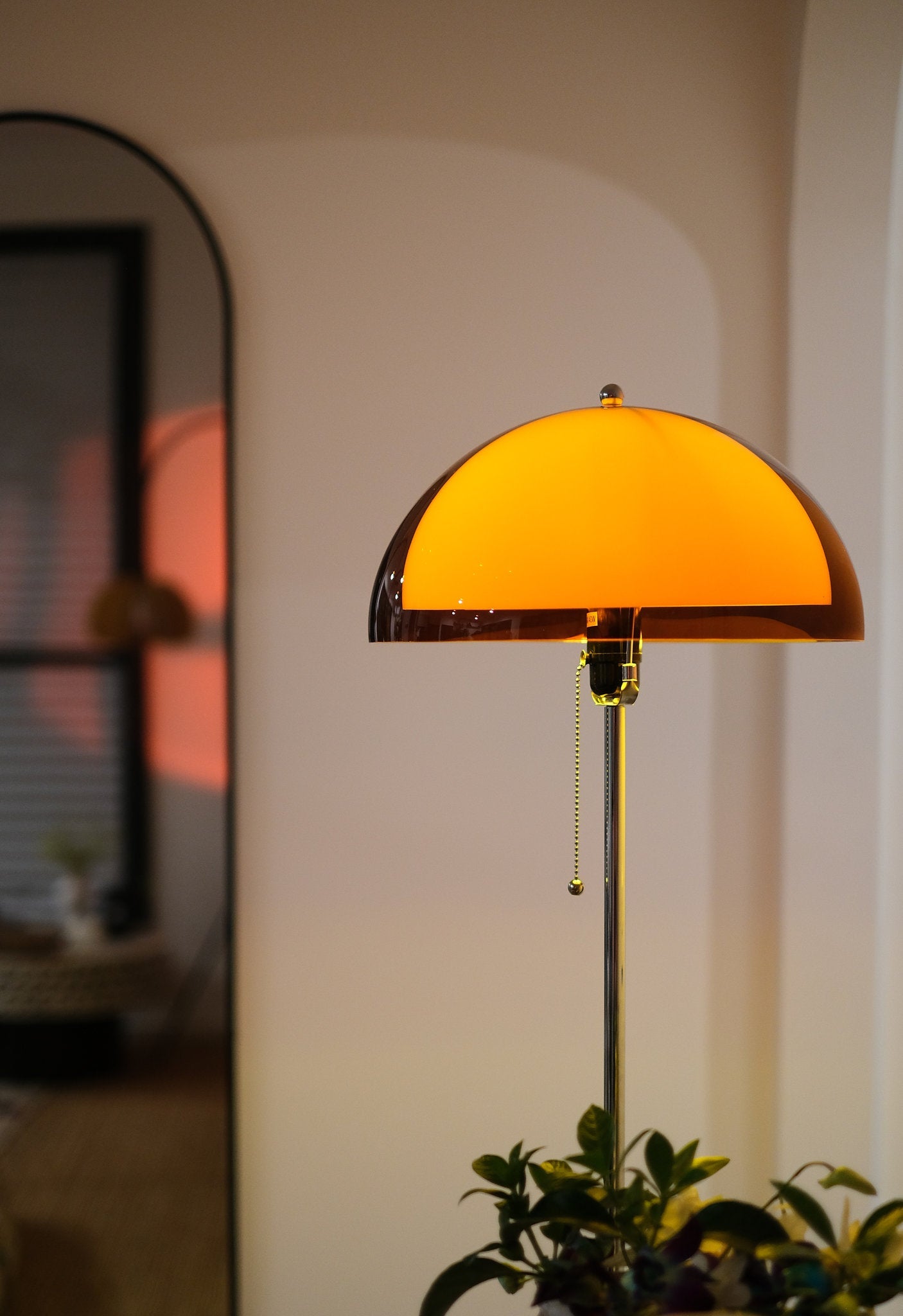 Coby+ Mushroom Bauhaus Floor Lamp Orange with Pull Chain Floor lamp with a yellow shade in a room setting