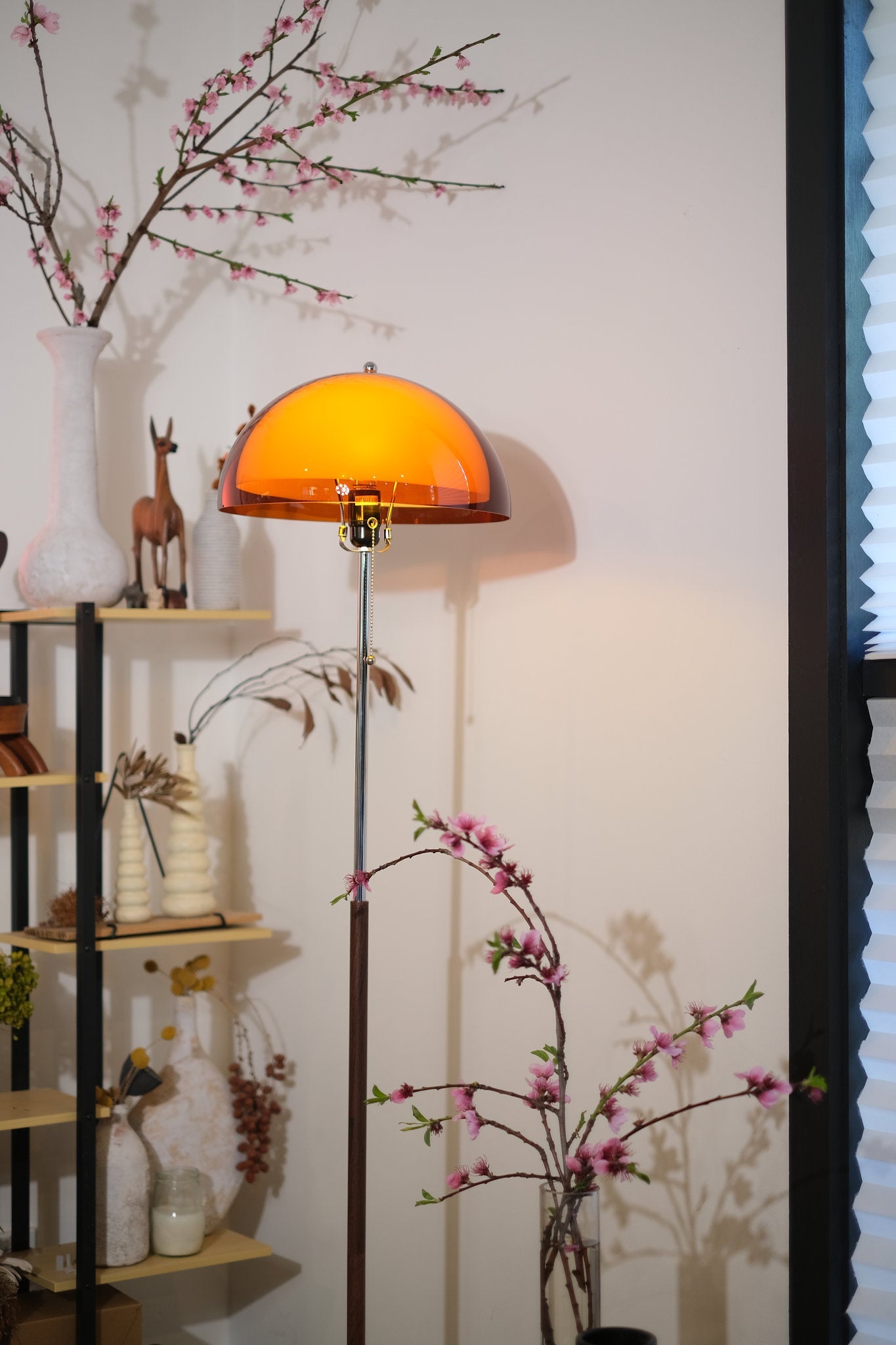 Coby+ Mushroom Bauhaus Floor Lamp Orange with Pull Chain Floor lamp with orange shade in a room setting with shelves and decorative items.