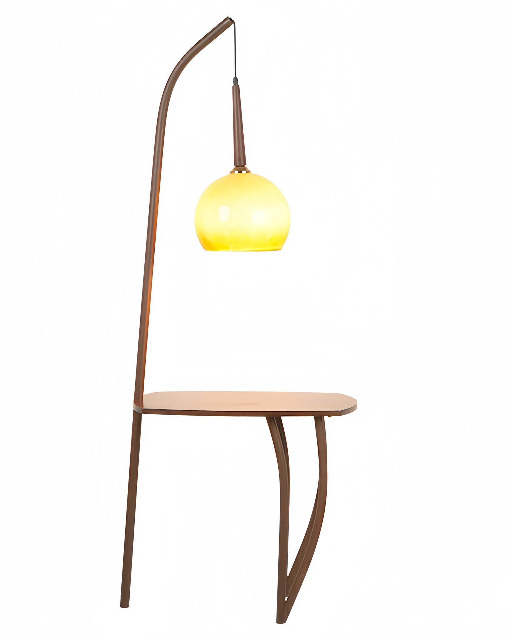 Modern floor lamp with a yellow glass shade on a white background Functional 2-in-1 floor lamp with reading light and table storage