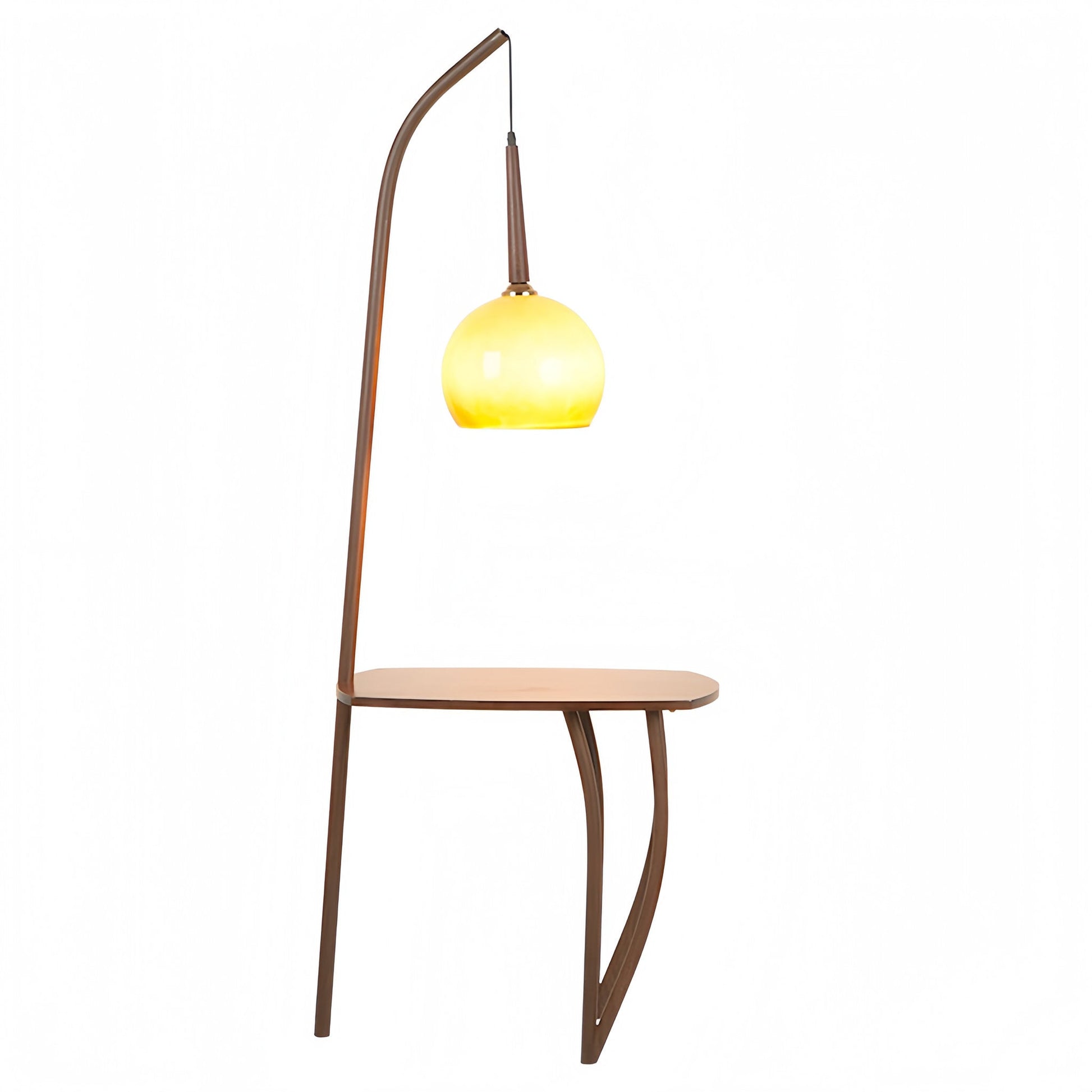 Modern floor lamp with a yellow glass shade on a white background Functional 2-in-1 floor lamp with reading light and table storage