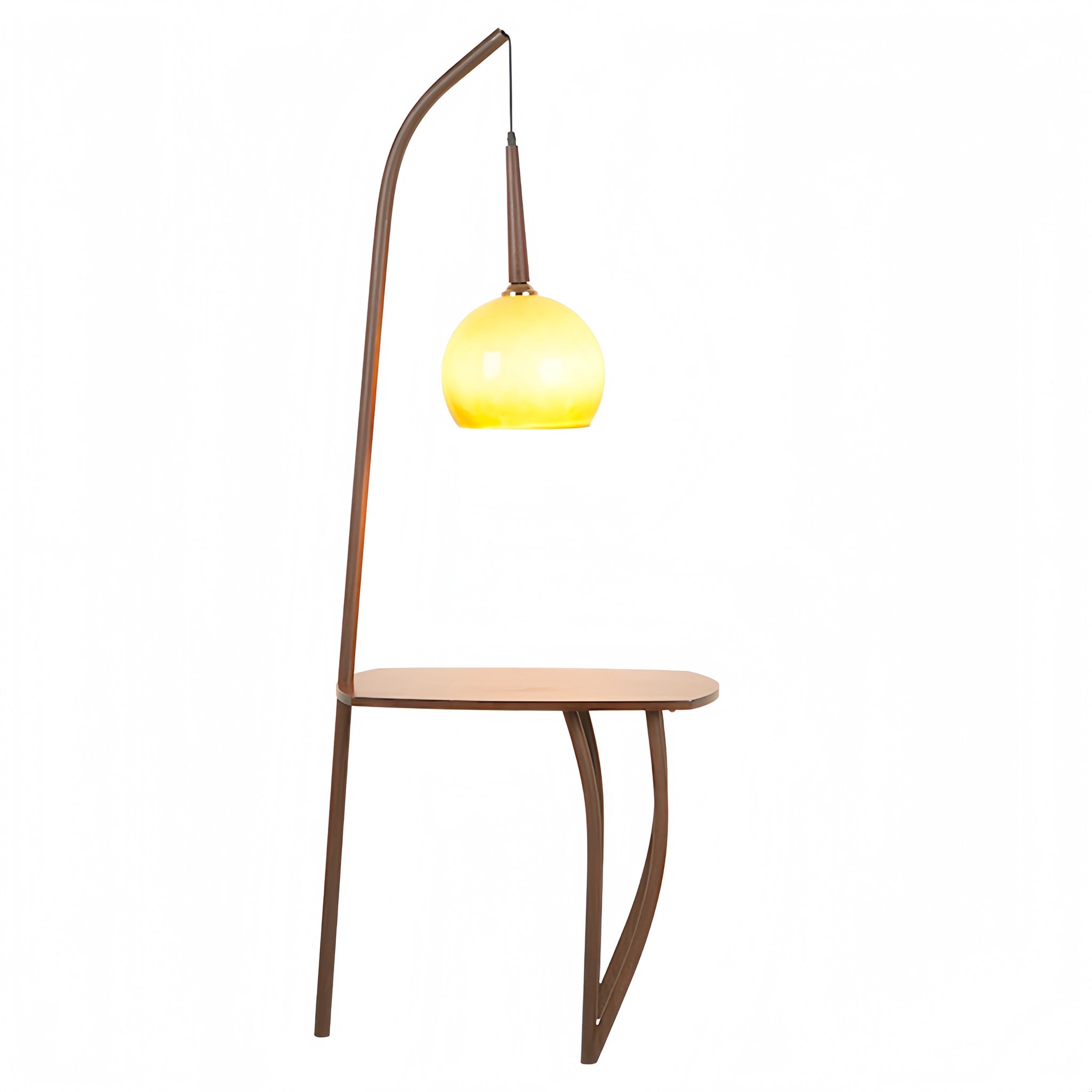 Modern floor lamp with a yellow glass shade on a white background Functional 2-in-1 floor lamp with reading light and table storage