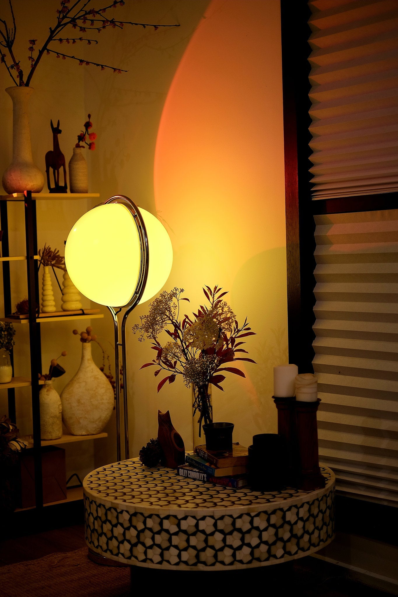 Decorative room setting with a Garreau Globe Floor Lamp Bauhaus Replica Chrome Stand， plants, and a shelf in a warm-toned interior.