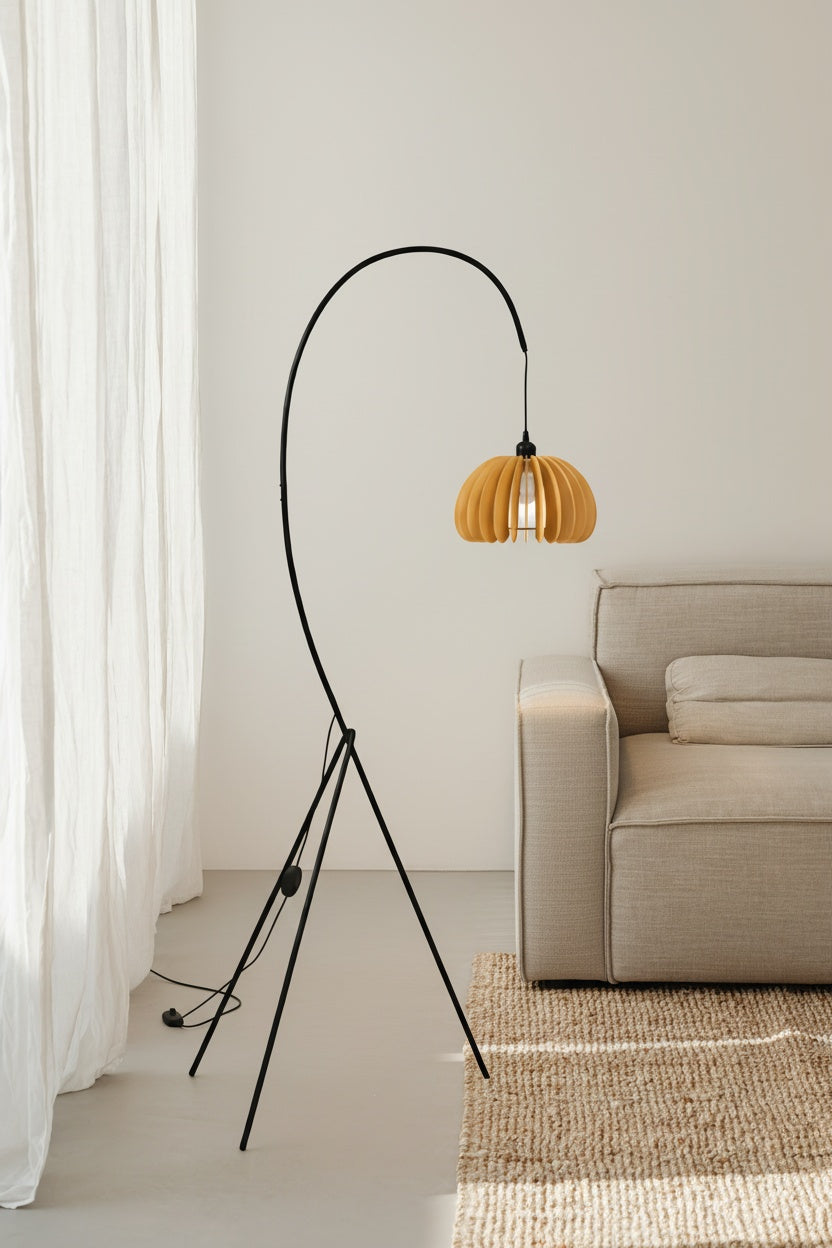 Hazel Tripod Wood Pumpkin Floor Lamp – Sculptural Modern Arc Lighting for Cozy Interiors