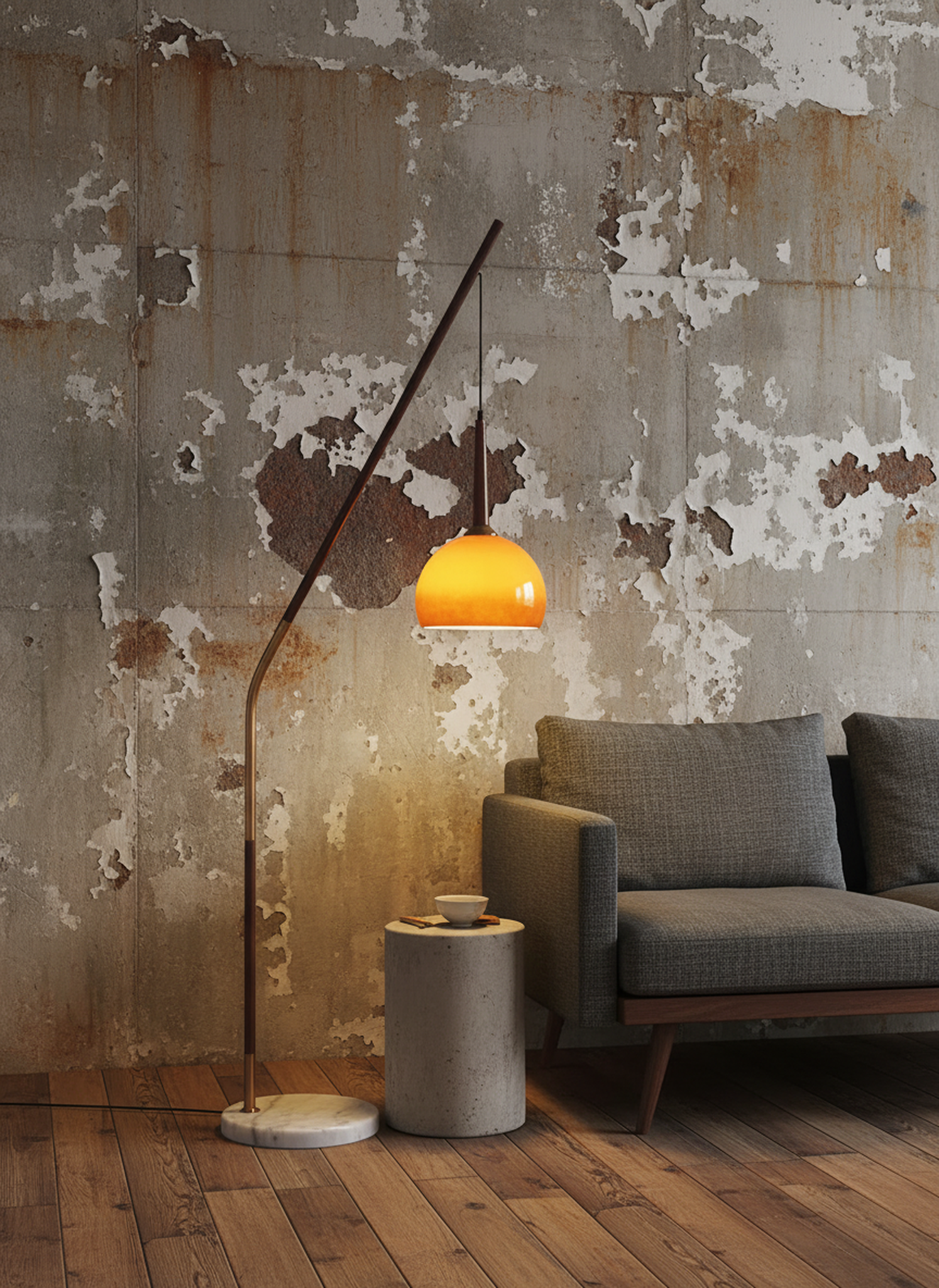 Hulusi Hanging Floor Lamp with walnut stand and gradient orange glass shade next to a sofa
