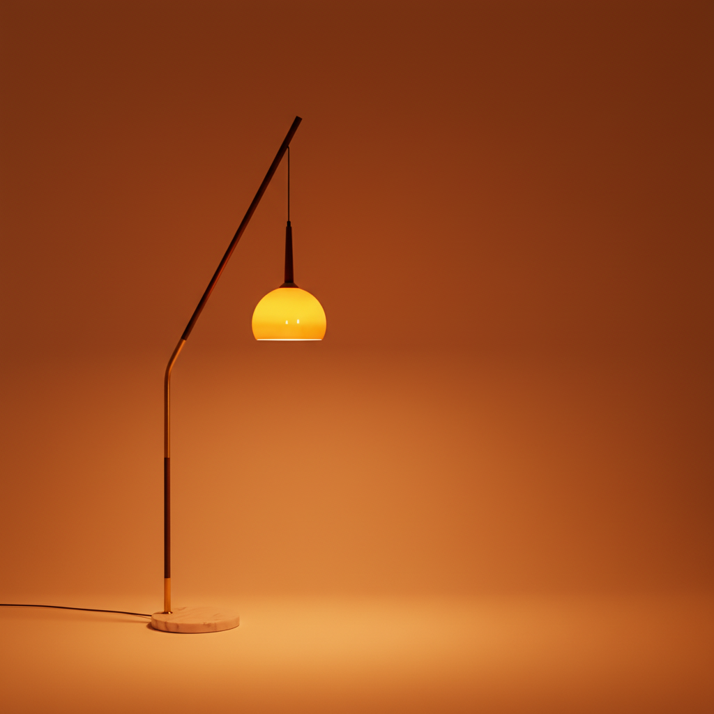 Hulusi Mid-Century Hanging Arc Floor Lamp – Walnut & Orange Glow
