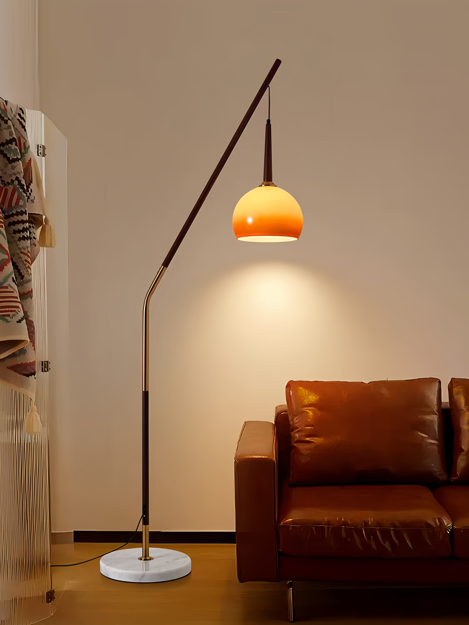 Hulusi Hanging Floor Lamp with walnut stand and gradient orange glass shade