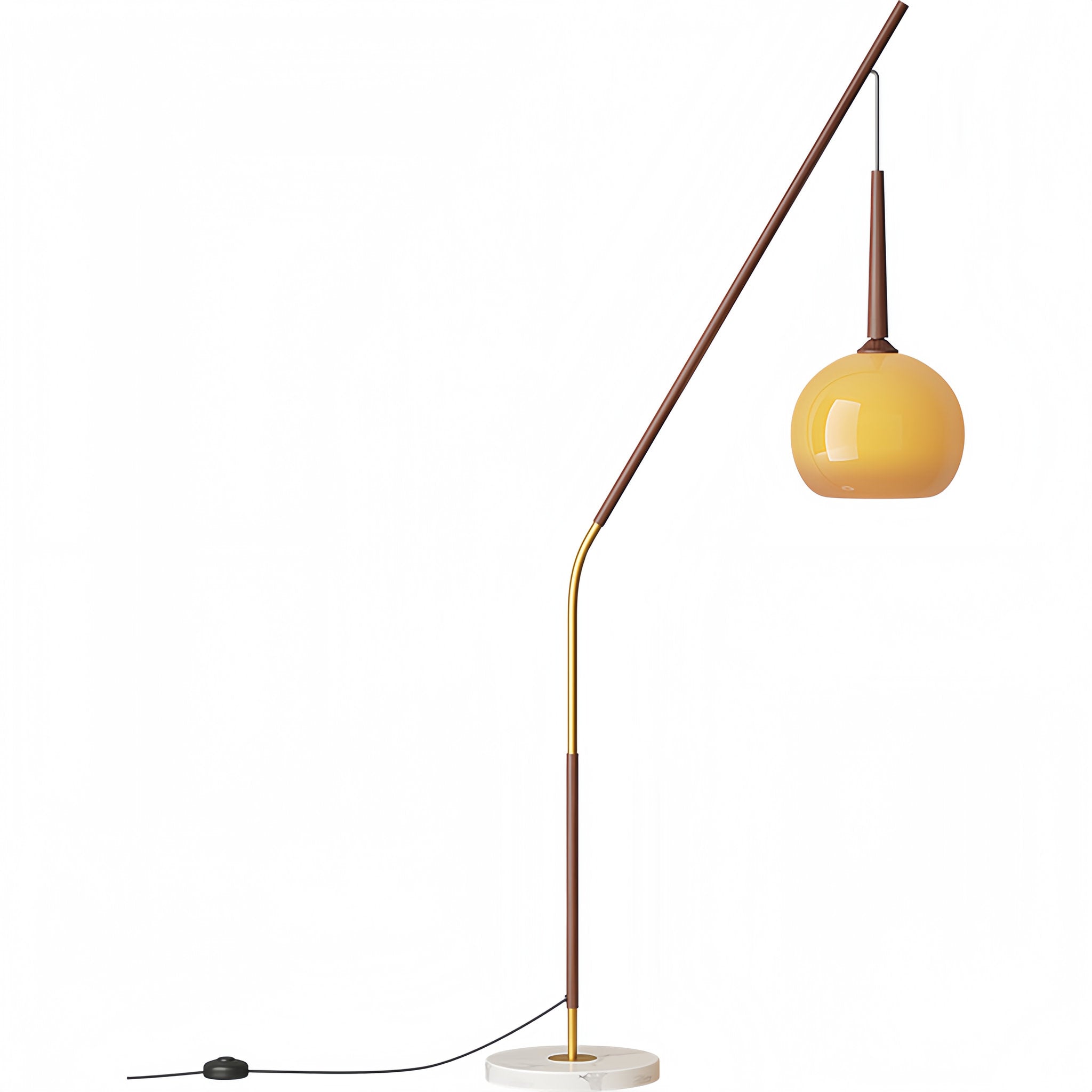 Hulusi Hanging Floor Lamp with walnut stand and gradient orange glass shade Yellow floor lamp with a curved arm on a white background