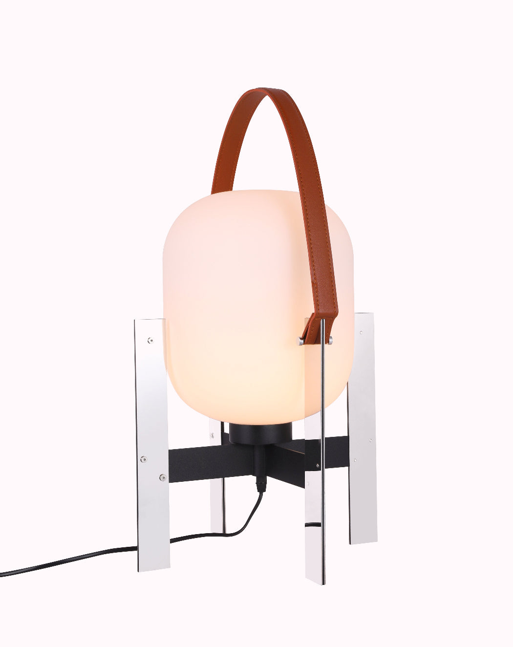 Alix Cesta Metálica Basket Lamp with chrome legs and frosted glass with a glass shade and leather strap on a white background
