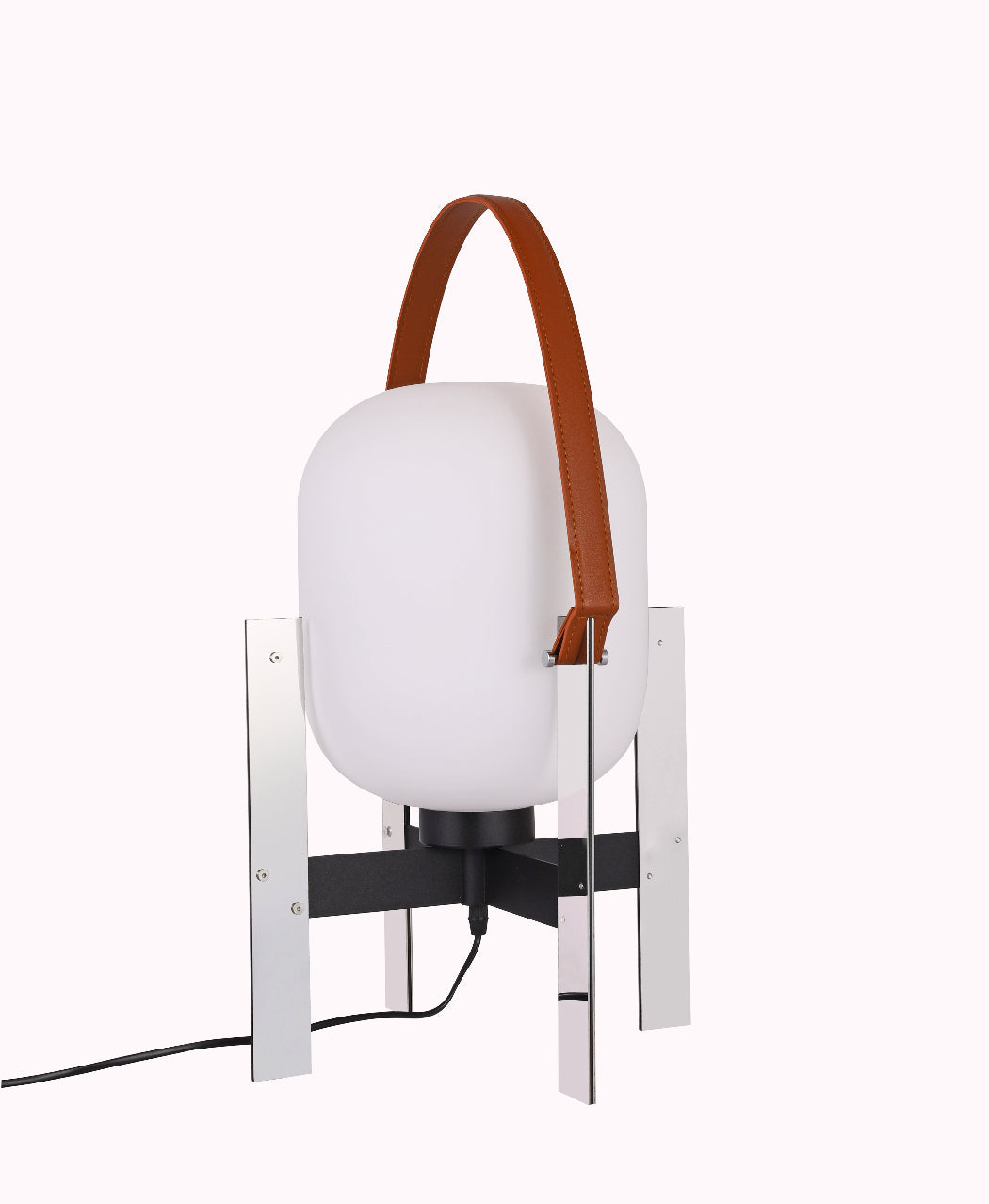 Alix Cesta Metálica Basket Lamp with chrome legs and frosted glass with a white shade, brown leather strap, and metal base on a white background