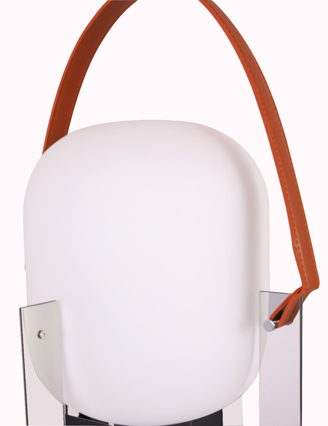 Alix Cesta Metálica Basket Lamp with chrome legs and frosted glass with a brown strap on a white background