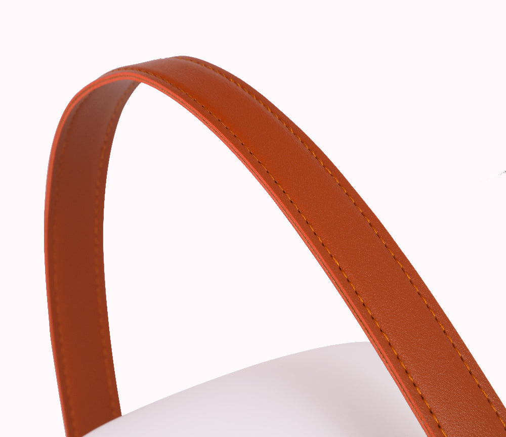 Close-up of a brown leather strap on a white background