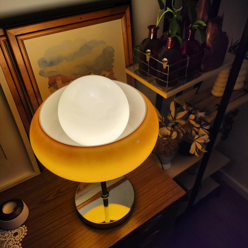 Egg Tart Table Lamp with orange dome glass shade and white inner globe