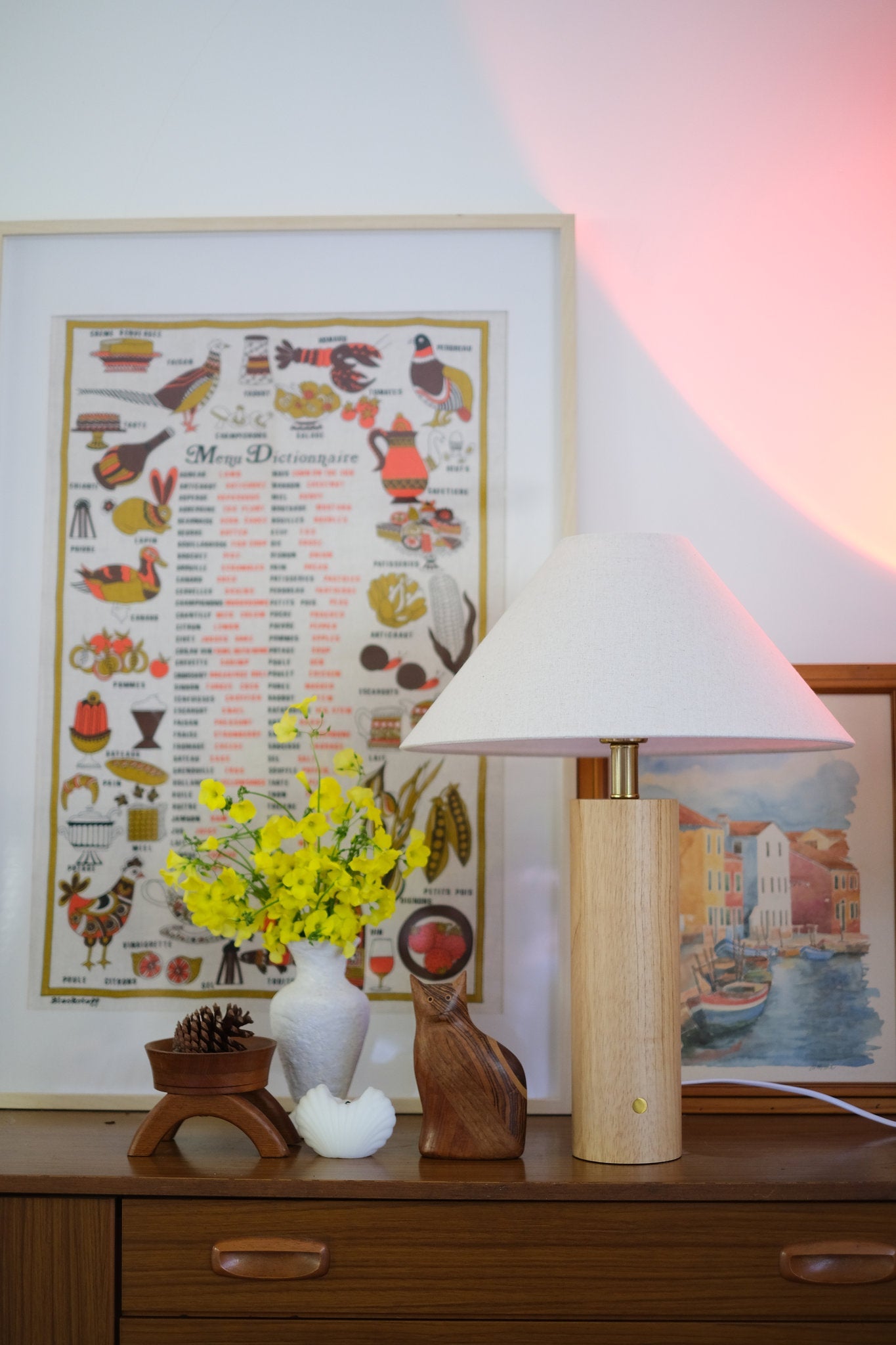Teak wood table lamp with touch brass button and Type-C port 