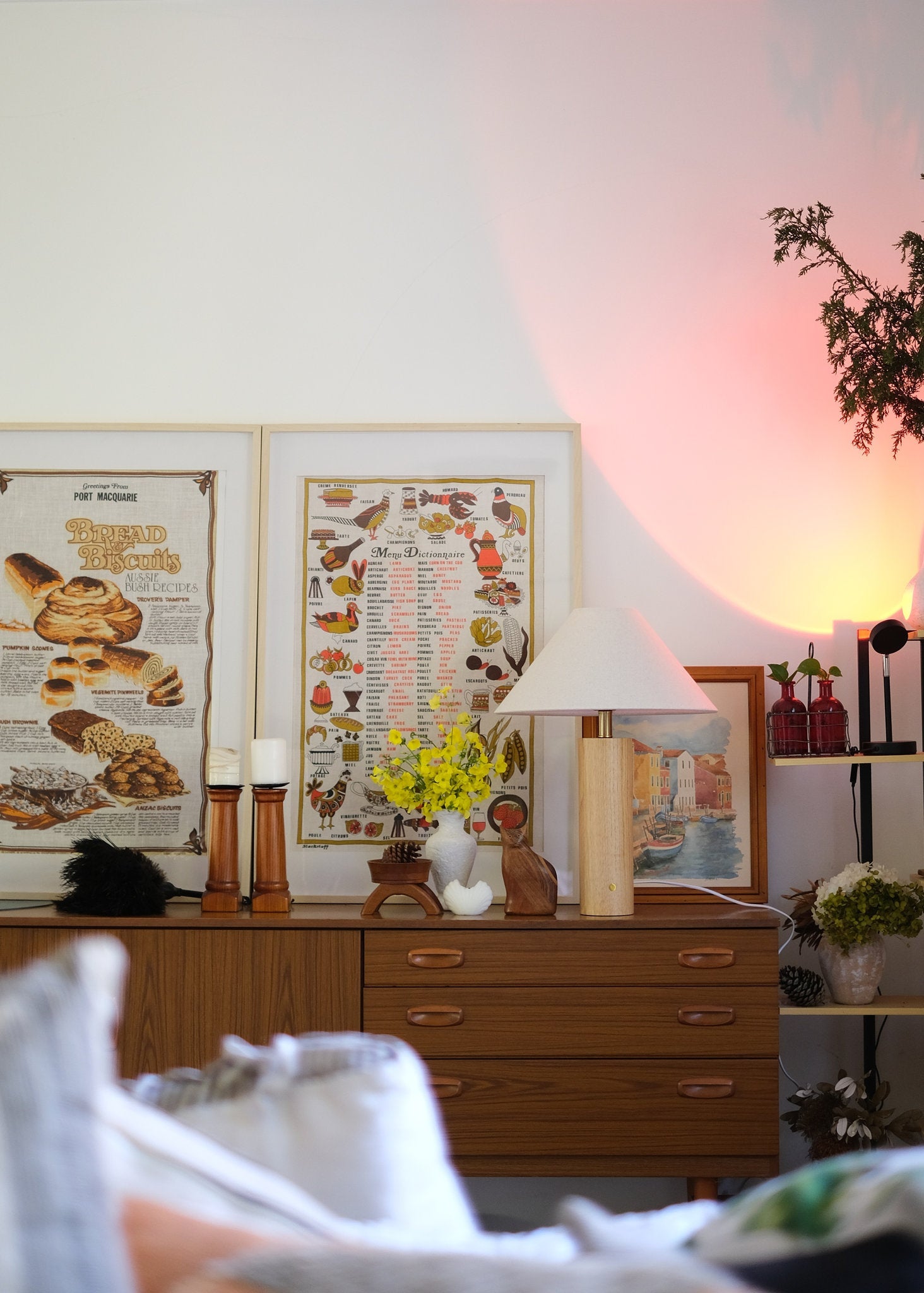 Teak wood table lamp with touch brass button and Type-C port on a mid century sideboard