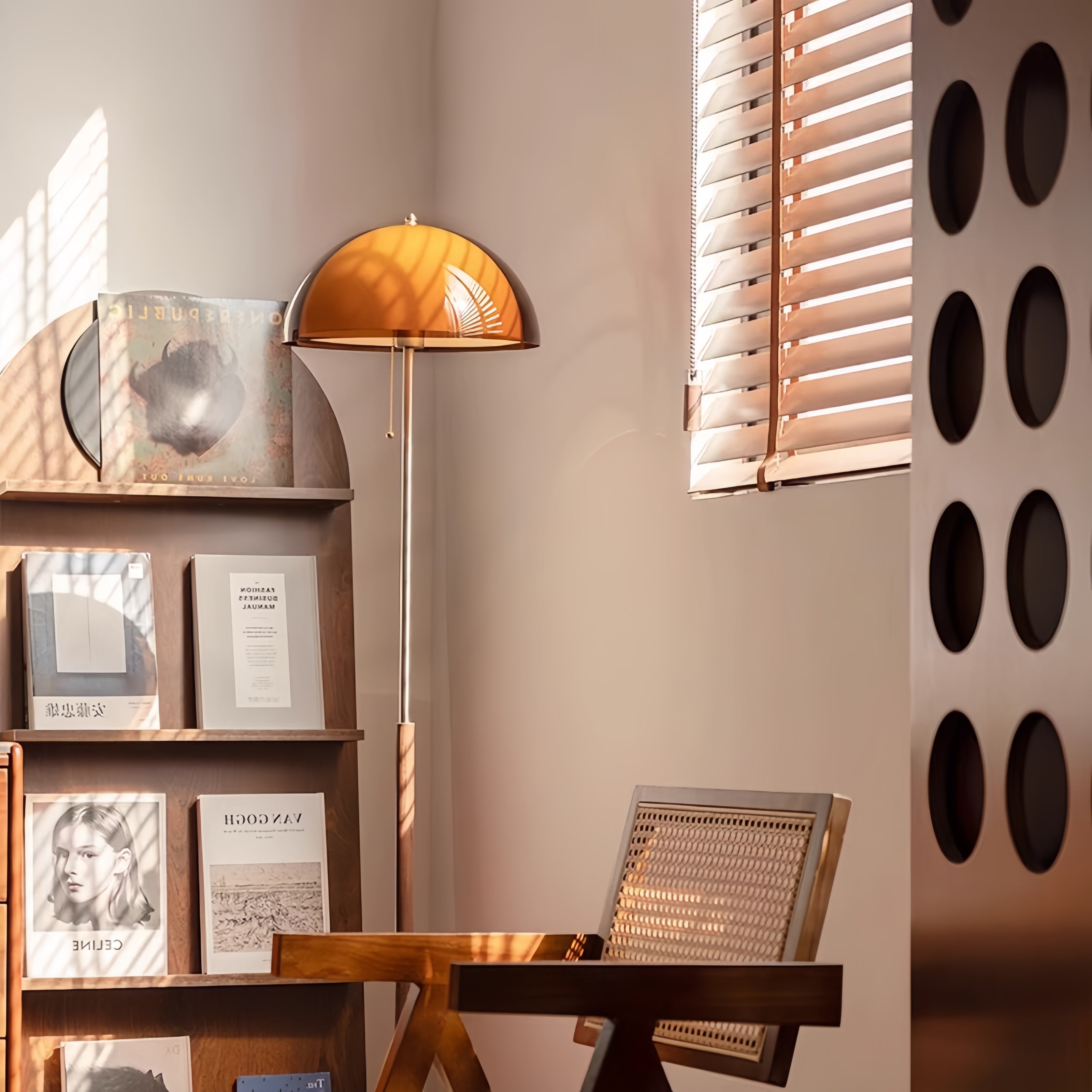 Mid century interior with a Coby+ Mushroom Bauhaus Floor Lamp Orange with Pull Chain, magazine display shelf, Wooded Chair and decorative wall art.
