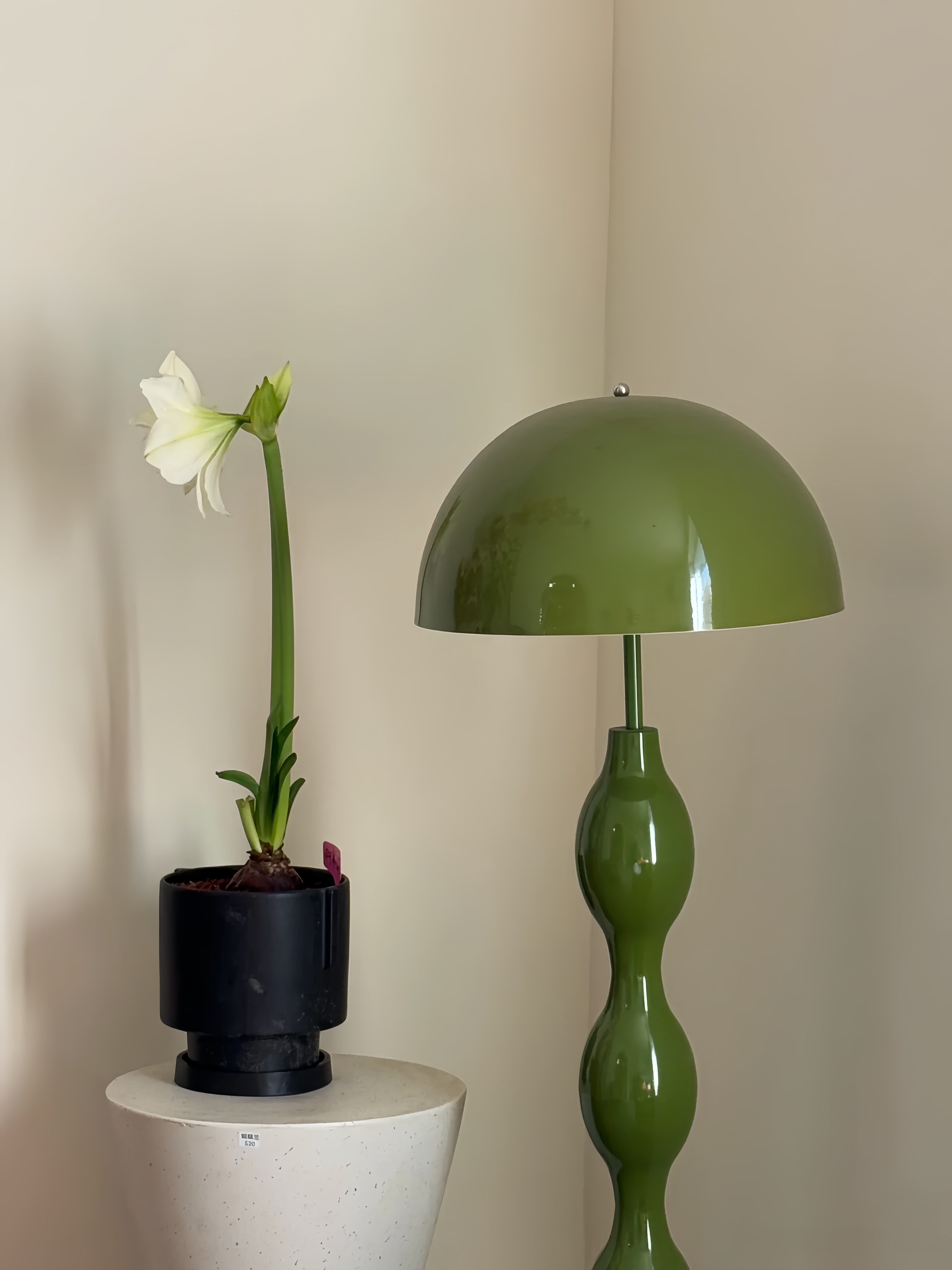 Dori Wavy Mushroom Floor Lamp in Olive Green with sculptural wavy base and potted plant against a beige wall