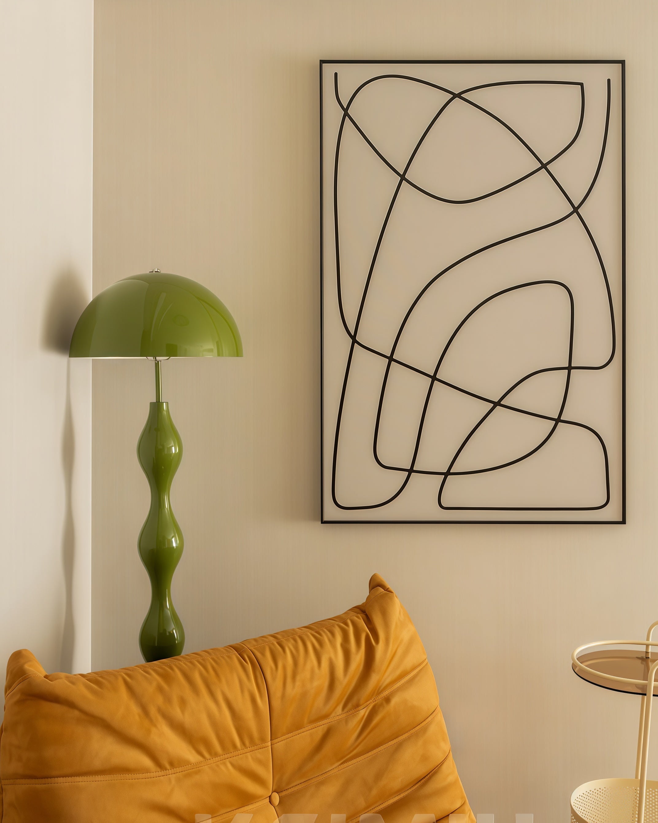 Abstract wall art with a Dori Wavy Mushroom Floor Lamp in Olive Green with sculptural wavy base and yellow sofa