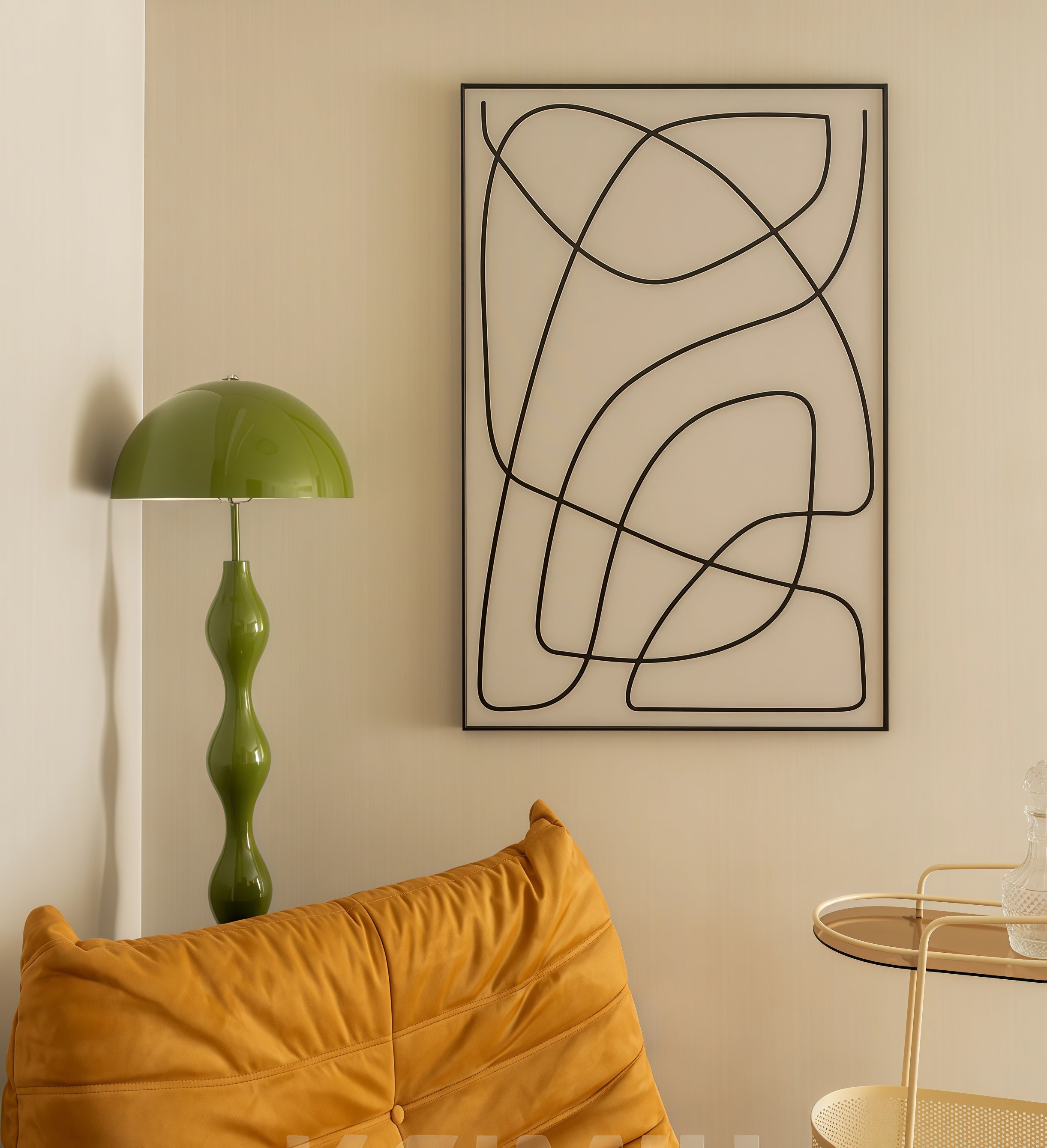 Abstract wall art with a Dori Wavy Mushroom Floor Lamp in Olive Green with sculptural wavy base and yellow sofa