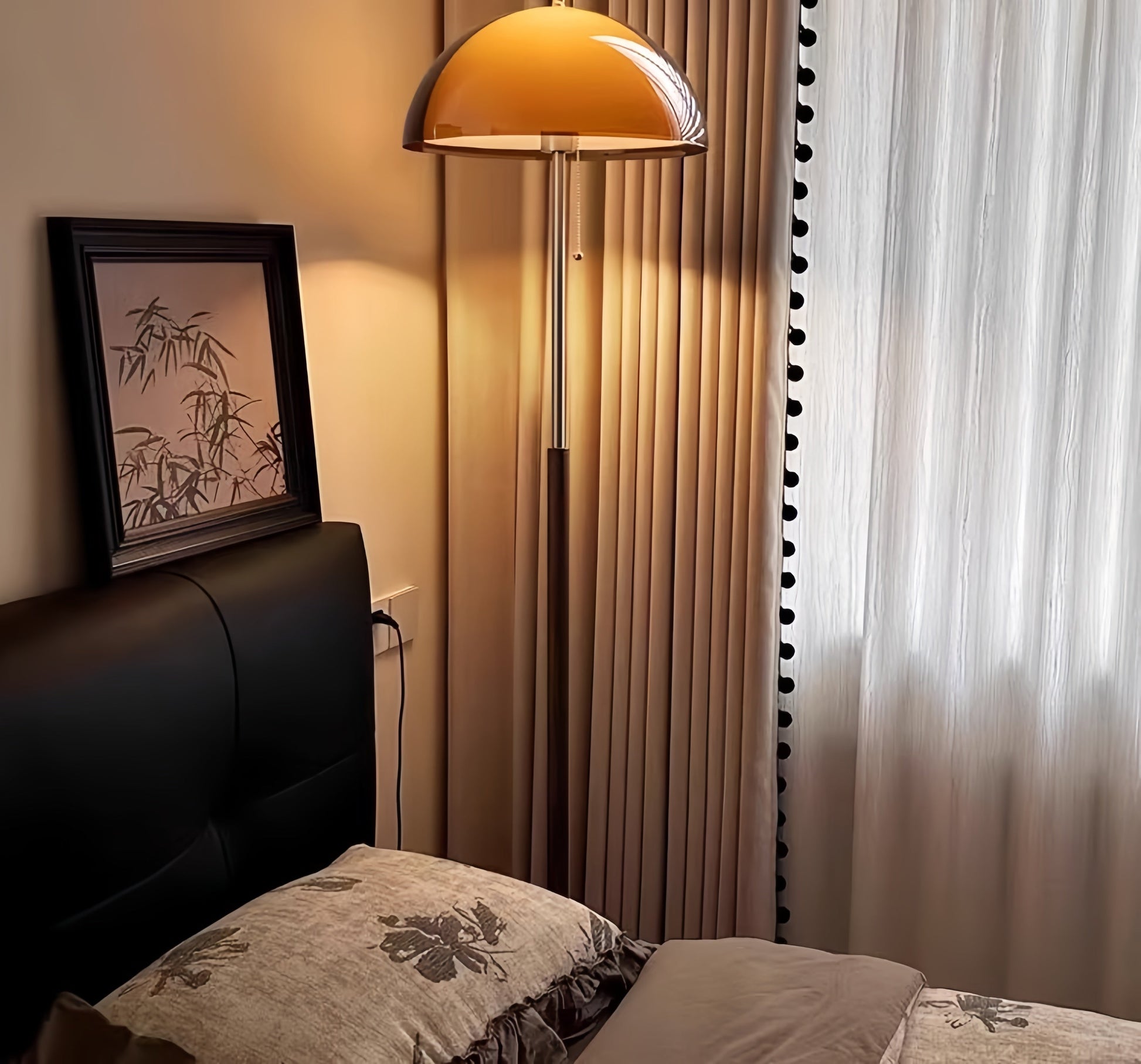 Bedroom with a headboard, white curtains and Coby+ Mushroom Bauhaus Floor Lamp Orange with Pull Chain.